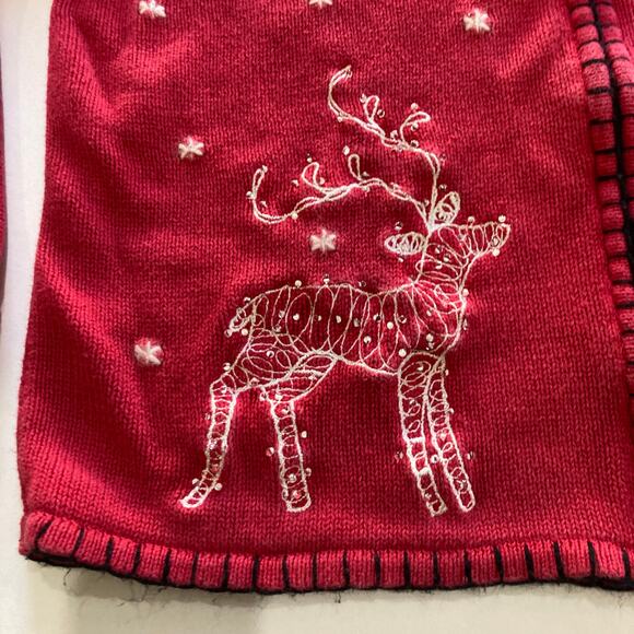 Coldwater Creek Sz Med Knit Sweater Zip Up Winter Cardigan Reindeer Snowflakes - Picture 4 of 12
